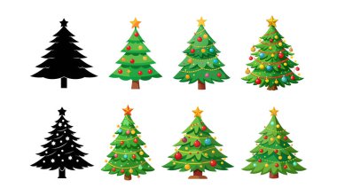 Renkli çizimler ve siyah siluetler de dahil olmak üzere bir dizi süslü Noel ağacı, beyaz arka planda izole edilmiş. Tatil dekorasyonu, Noel sembolleri, kış kutlaması için tasarım unsurları