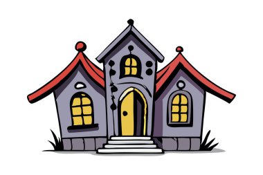 Garip pencereli karikatür tarzı perili ev. Cadılar Bayramı konsepti, ürkütücü mimari, hayalet ev, perili malikane, tatil dekorasyonu. Yazdır, tasarım ögesi