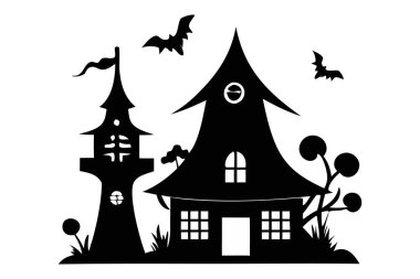 Beyaz arka planda izole edilmiş yarasaları olan perili bir evin siyah silueti. Ürkütücü dekorasyon, perili kale, minimalist stil, ürkütücü malikane, Cadılar Bayramı tasarımı. Yazdır, tasarım ögesi