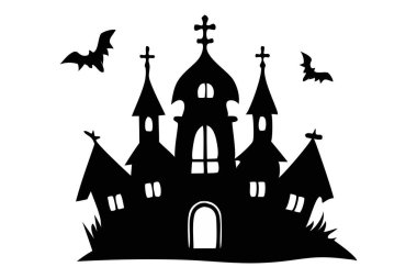 Beyaz arka planda izole edilmiş yarasaları olan perili bir evin siyah silueti. Ürkütücü dekorasyon, perili kale, minimalist stil, ürkütücü malikane, Cadılar Bayramı tasarımı. Yazdır, tasarım ögesi