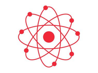 Beyaz zemin üzerinde izole edilmiş yörüngede elektronları olan bir atomun kırmızı silueti. Bilim, fizik, atomik yapı, minimalizm kavramı. Simge, sembol, tasarım ögesi.