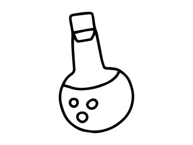 Beyaz arka planda bir kimyasal şişenin siyah çizgisi. Bilim simgesi, laboratuvar ekipmanı, minimalist tasarım, kimya konsepti.