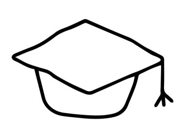 Beyaz arka planda mezuniyet şapkası havan topu simgesinin siyah çizgisi. Eğitim başarısı kavramı, akademik başarı, öğrenci seremonisi, tasarım unsuru.