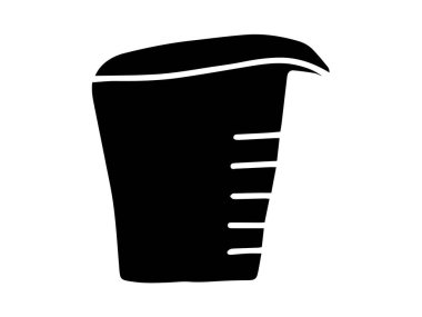 Beyaz arka planda izole edilmiş bir ölçü kabının siyah silüeti. Mutfak aleti kavramı, yemek ölçümü, minimum stil, pişirme aksesuarı. Tasarım ögesi, ev, çatal bıçak.