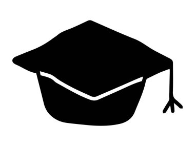 Mezuniyet şapkasının siyah silueti beyaz arka planda izole edilmiş. Eğitim konsepti, akademik başarı, minimalist tarz, başarı sembolü.