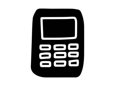 Beyaz bir arkaplanda izole edilmiş bir hesap makinesinin siyah silueti. Muhasebe konsepti, finans, eğitim, minimalist tarz. yazdırma, simge, tasarım ögesi.
