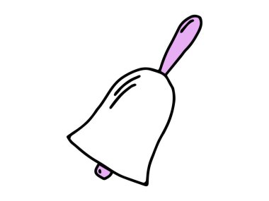 Beyaz arka planda izole edilmiş bir okul çanının el çizimi. Eğitim anlayışı, duyuru, okul gelenekleri, alarm ve iletişim. Simge, yazdırma, tasarım ögesi.