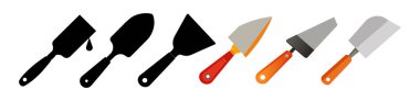 Çeşitli macun bıçaklarının çizimi. Renkli çizimler ve siyah siluetler. Spatula kavramı, inşaat aletleri, ev yenileme ve DIY ekipmanları. Yazdır, simge, tasarım ögesi.