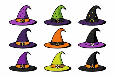 Beyaz arka planda izole edilmiş çeşitli cadı şapkaları. Sihirbaz başlıklı şapka. Cadılık Aksesuarı, Sihirli Kostüm Elemanı, Cadılar Bayramı İllüstrasyonu. Yazdır, tasarım elemanı. Klip sanatı