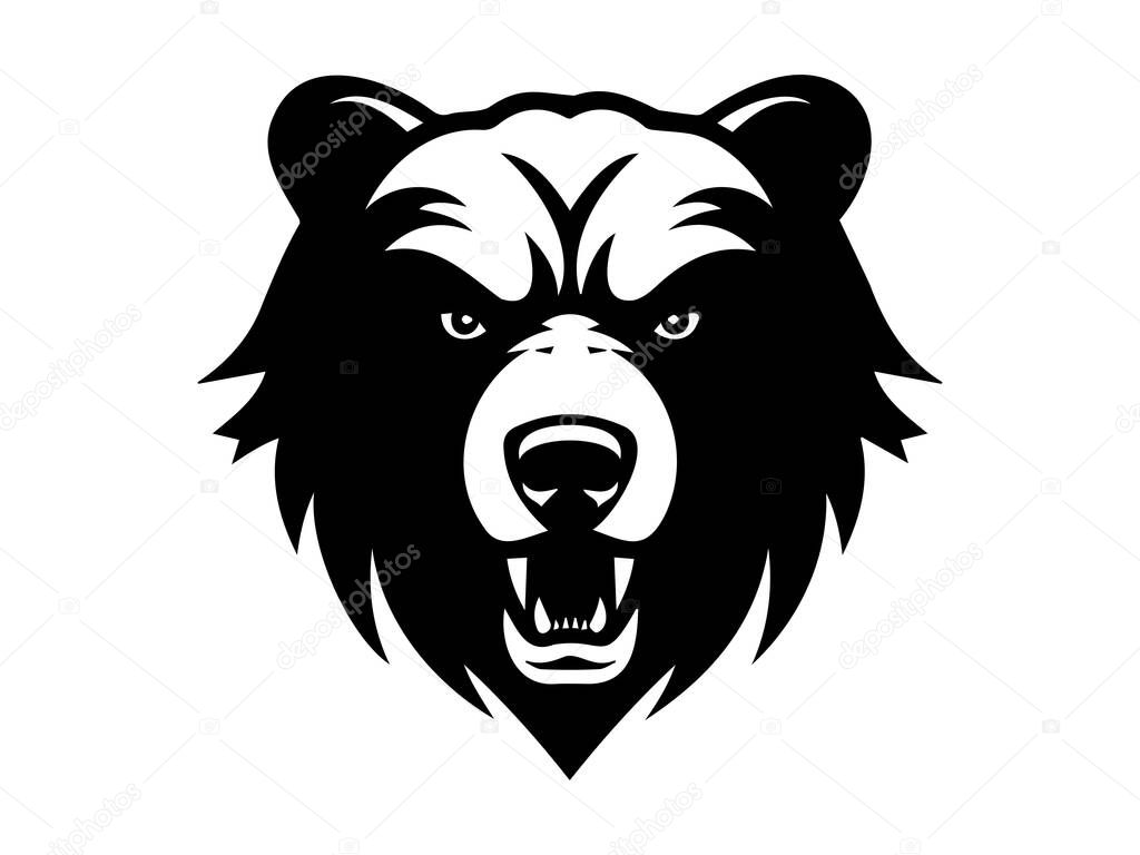 Black and White Bear Head Silhouette Illustration Isolated on a White Background. Concept of Wildlife, Fierce Predator, Iconic Animal, Graphic Design Element for Prints, Logos, and Decorations.