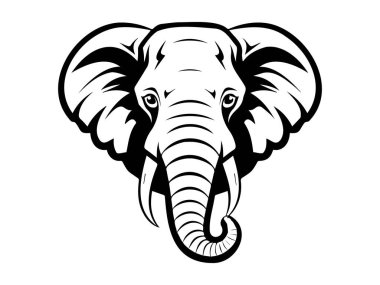 Siyah-beyaz fil kafası çizimi. Vahşi yaşam kavramı, görkemli dolgun deriler, detaylı hayvan özellikleri, minimalist tasarım. Yazdır, simge, tasarım ögesi.
