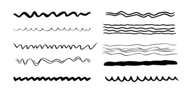 Siyah el yapımı dalgalı ve zikzak çizgileri beyaz arka planda izole edilmiş. Soyut çizgi sanatı, minimalist tasarım, çizim çizimi, sanatsal öğeler kavramı.
