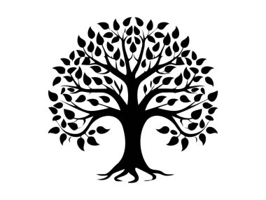 Karmaşık dalları ve beyaz arka planda izole edilmiş yaprakları olan siyah bir ağaç silueti. Doğa tasviri kavramı, dekoratif ağaç sanatı, minimalist stil, botanik tasarım unsuru.