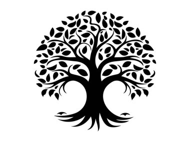 Karmaşık dalları ve beyaz arka planda izole edilmiş yaprakları olan siyah bir ağaç silueti. Doğa tasviri kavramı, dekoratif ağaç sanatı, minimalist stil, botanik tasarım unsuru.