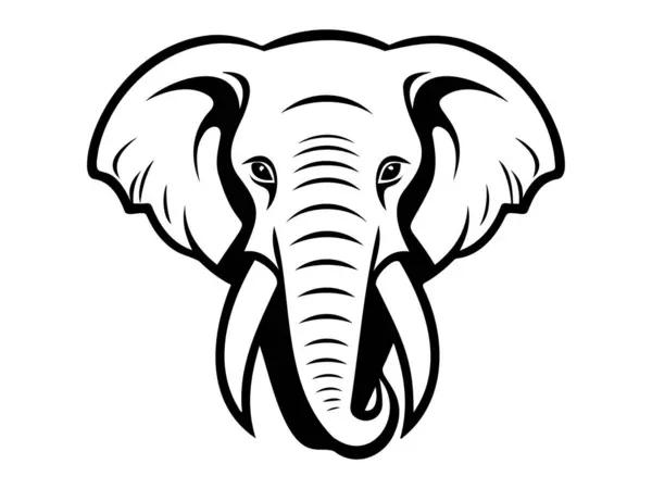 Siyah-beyaz fil kafası çizimi. Vahşi yaşam kavramı, görkemli dolgun deriler, detaylı hayvan özellikleri, minimalist tasarım. Yazdır, simge, tasarım ögesi.