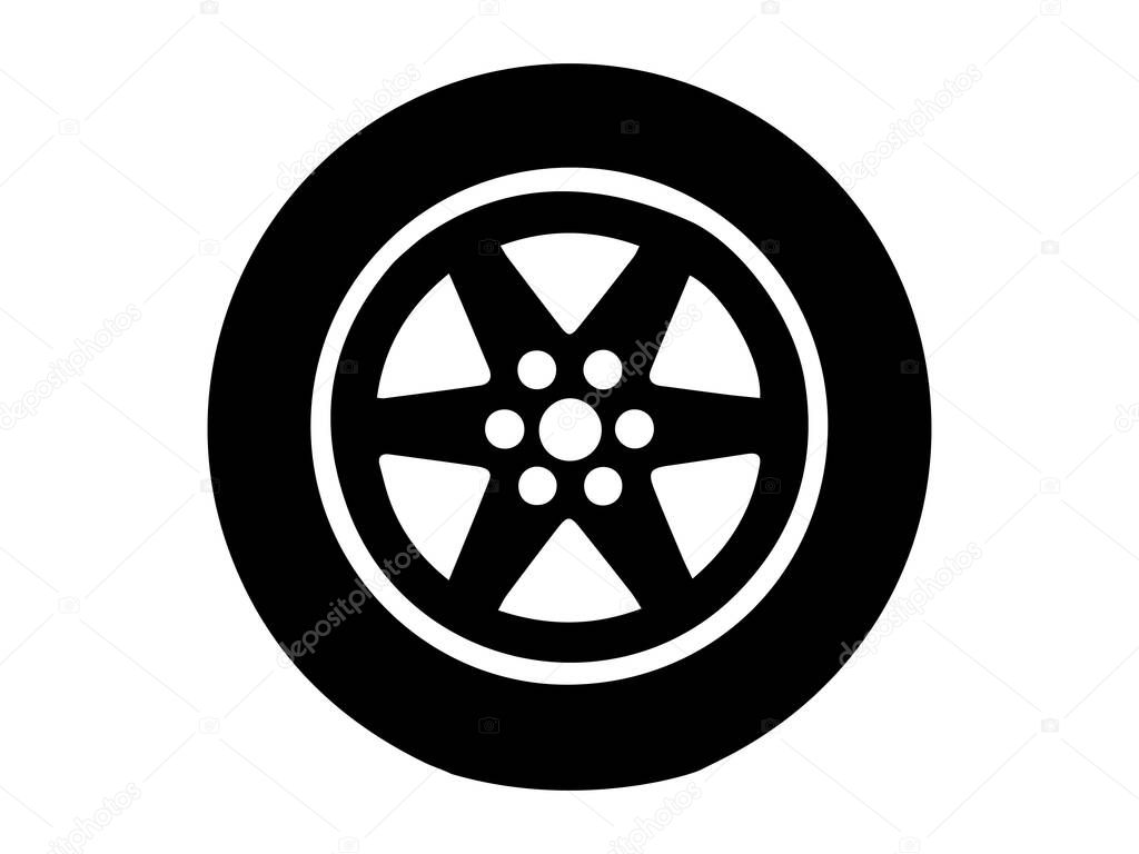 Black and white silhouette of a car tire isolated on a white background. Concept of automobile design, vehicle equipment, tire illustration, automotive icon. Print, design elements.