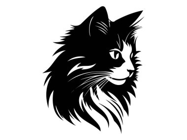 Beyaz bir arka planda izole edilmiş uzun saçlı bir kedinin siyah silueti. Evcil Hayvan İllüstrasyonu, Evcil Hayvan, Minimalist Stil, Kedi Sanatı. Yazdırma, Simge, Tasarım Elemanı.