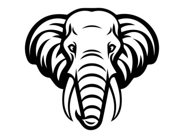 Beyaz Arkaplanda Siyah ve Beyaz Fil Başlı Resimler İzole Edildi. Vahşi Hayvan Konsepti, Görkemli Fil, Grafik Tasarım Elemanı, Safari Simgesi.