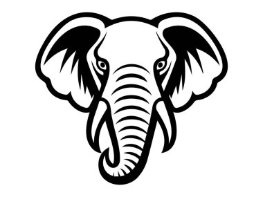 Beyaz Arkaplanda Siyah ve Beyaz Fil Başlı Resimler İzole Edildi. Vahşi Hayvan Konsepti, Görkemli Fil, Grafik Tasarım Elemanı, Safari Simgesi.