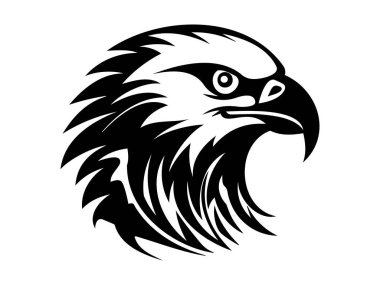 Beyaz bir arka planda izole edilmiş, Görkemli Kartal Başı 'nın Siyah Silueti. Kuş İllüstrasyonu, Vahşi Yaşam Sanatı, Minimalist Stil, Yükselen Kartal. Yazdırma, Simge, Tasarım Elemanı.