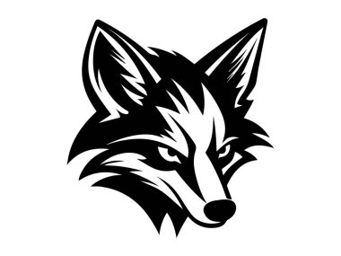 Beyaz arka planda siyah-beyaz bir tilki kafası silueti. Vahşi yaşam kavramı, minimalizm, yırtıcı hayvan dünyası. Yazdır, simge, tasarım ögesi, logolar, dövmeler.