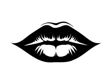Beyaz arka planda izole edilmiş siyah dudak silueti. Yüz ifadesi kavramı, ağız anatomisi, minimalist stil, dudak tasarımı. Yazdır, simge, tasarım ögesi.