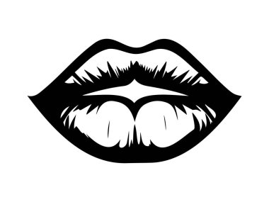 Beyaz bir arkaplanda izole edilmiş siyah dudak silueti. Minimalist Biçim, Basit Tasarım, Dudak Özeti, Güzellik Simgesi.