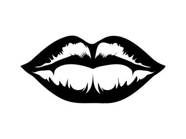 Beyaz arka planda izole edilmiş siyah dudak silueti. Yüz ifadesi kavramı, ağız anatomisi, minimalist stil, dudak tasarımı. Yazdır, simge, tasarım ögesi.