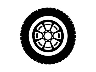 Beyaz arka planda siyah siluet bir araba lastiği. Araç bakımı, tekerlek tasarımı, otomotiv çizimi, ulaşım elementi kavramı.