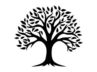 Kökleri ve yaprakları beyaz arka planda izole edilmiş, karmaşık bir ağacın siyah silueti. Doğa illüstrasyonu kavramı, soyut sanat, minimalizm, yeşillik. Yazdır, simge, tasarım ögesi.