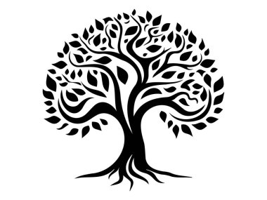 Kökleri ve yaprakları beyaz arka planda izole edilmiş, karmaşık bir ağacın siyah silueti. Doğa illüstrasyonu kavramı, soyut sanat, minimalizm, yeşillik. Yazdır, simge, tasarım ögesi.