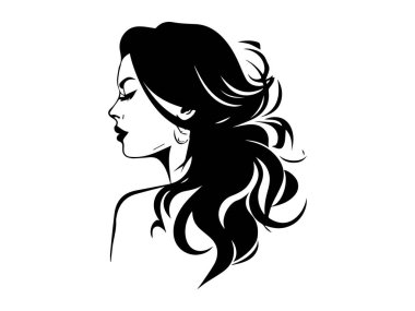 Beyaz arka planda dalgalı saçlı, zarif siyah bir kadın silueti. Kadınlık kavramı, güzellik, minimalist tasarım, şık saç kesimi. Yazdır, simge, tasarım ögesi.