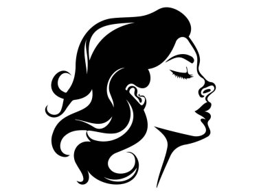 Kadın Profili 'nin Siyah Silueti, Kabarık Saçlı ve Kapalı Gözlü. Kadın Güzelliği, Zarafet, Zarif Yan Profil, Minimalist Çizim.