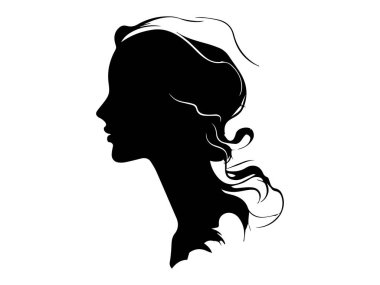 Beyaz bir arka planda izole edilmiş siyah bir kadın profili. Kadın zarafeti, minimalist tasarım, zarif güzellik, sanat çizimi kavramı. Yazdır, simge, tasarım ögesi.