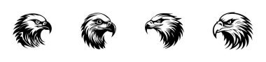 Beyaz arka planda izole edilmiş siyah kartal siluetleri. Görkemli kuş çizimi kavramı, güçlü yırtıcı kuş, minimalist stil, vahşi yırtıcı. Yazdırma, simge, tasarım ögeleri.