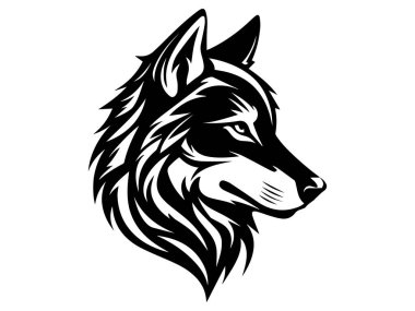 Bir kurt kafasının siyah ve beyaz silueti. Vahşi Yaşam İllüstrasyonu, Görkemli Hayvan, Vahşi Köpek, Minimalist Tasarım. Yazdırma, Simge, Logo.