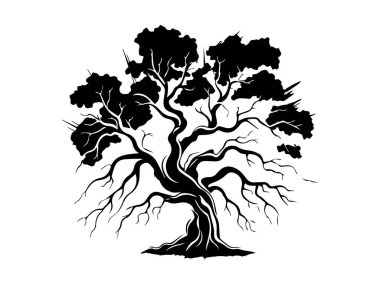 Beyaz arka planda sapkın dalları olan siyah bir ağaç silueti. Doğa gösterimi, minimalist sanat, doğal güzellik, ağaç tasarımı. Yazdır, simge, tasarım ögesi.