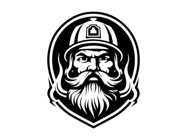 Siyah ve Beyaz İtfaiyeci İllüstrasyon Kalkan Simgesi Simgesi. Cesaret kavramı, koruma, itfaiyeci sembolü, kahraman figürü. Tasarım Elemanı, Kurtarma Amblemi, Güvenlik Logosu, Acil Servis.