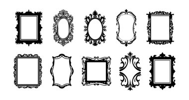 Set of ornate black silhouetted picture frames isolated on a white background. Concept of decorative vintage elements, elegant ornamented borders, classic design accents. Design elements. Copy space. clipart