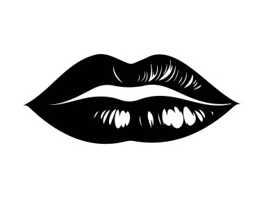 Beyaz arka planda izole edilmiş siyah dudak silueti. Yüz ifadesi kavramı, ağız anatomisi, minimalist stil, dudak tasarımı. Yazdır, simge, tasarım ögesi.