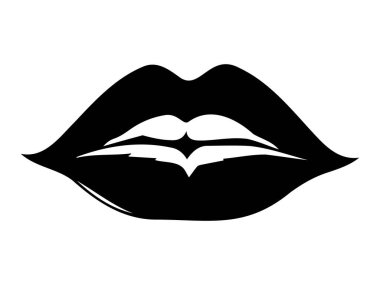 Beyaz arka planda izole edilmiş siyah dudak silueti. Yüz ifadesi kavramı, ağız anatomisi, minimalist stil, dudak tasarımı. Yazdır, simge, tasarım ögesi.