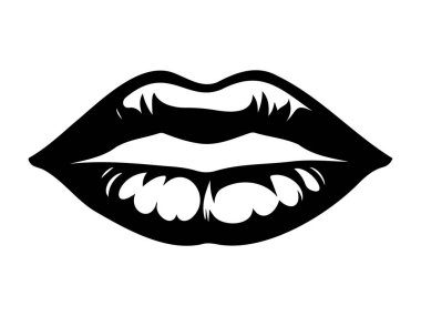 Beyaz bir arkaplanda izole edilmiş siyah dudak silueti. Güzellik kavramı, Minimalist stil ve Dudak Sanatı Tasarımı. Yazdırma, Simge veya Tasarım Elemanı için ideal.