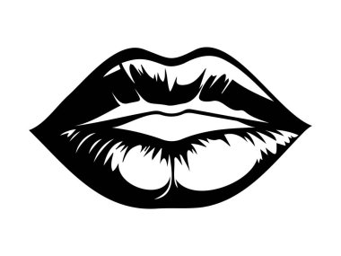 Beyaz bir arkaplanda izole edilmiş siyah dudak silueti. Minimalist Biçim, Basit Tasarım, Dudak Özeti, Güzellik Simgesi.