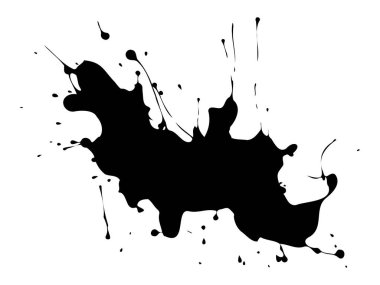 Beyaz arka planda siyah mürekkep sıçraması. Soyut sanat kavramı, dağınık sıçrama, boya dökülmesi, dinamik tasarım unsuru.