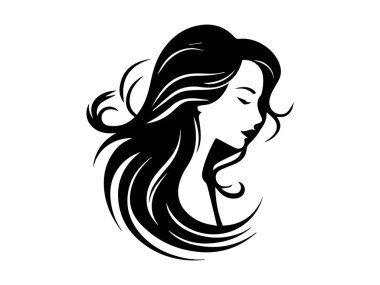 Beyaz Arkaplanda Uçan Saçlı Bir Kadın Profili 'nin Siyah Silueti. Kadınsı Güzellik, Saç İllüzyonu, Minimalist Tarz, Zarif Tasarım. Yazdırma, Simge, Tasarım Elemanı.