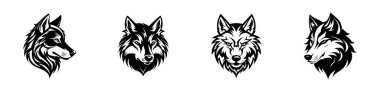 Beyaz arka planda siyah ve beyaz olarak izole edilmiş kurt kafası çizimleri. Vahşi hayvanlar, yırtıcı yüzler, tek renkli tasarım, kabile tarzı. Yazdırma, simge, tasarım ögeleri.