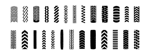 Collection of Black Tire Tracks on White Background. Concept of Automotive Icon, Vehicle Prints, Track Marks, Wheel Patterns. Design Element, Illustration Set.