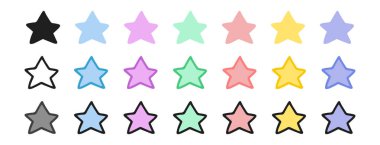 Renkli çizimler, siyah siluet, siyah ana hatlı versiyonlar içeren yıldız simgeleri. Beyaz arka planda izole edilmiş. Astronomi kavramı, gök cisimleri, uzay keşfi. Tasarım ögeleri.