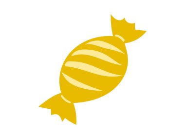 Beyaz arka planda izole edilmiş sarı ambalajlı şeker ikonu. Tatlı ikram, şekerleme, renkli şeker, basit tasarım. Yazdırma, ağ ve grafik ögeleri için ideal.