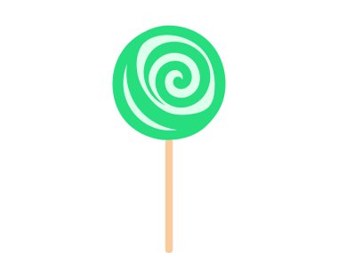 Beyaz Arkaplan 'da izole edilmiş bir çubukta yeşil spiral lolipop. Şekerleme Kavramı, Spiral Tasarım, Şekerleme Çizimi. Yazdırma, Simge, Tasarım Elemanı.
